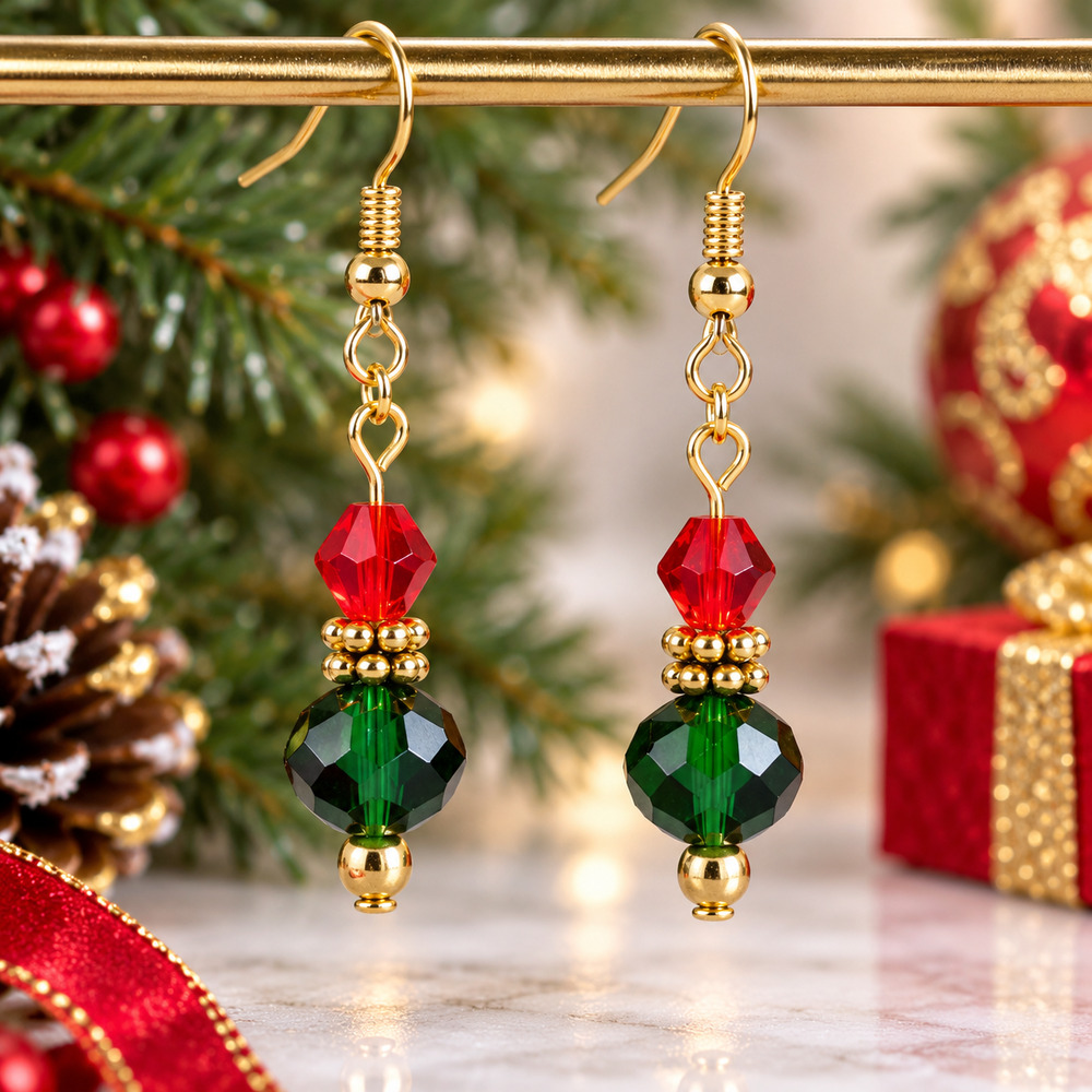 Handmade Christmas Red Green Faceted Beaded Dangle Earrings Gold Tone #C49